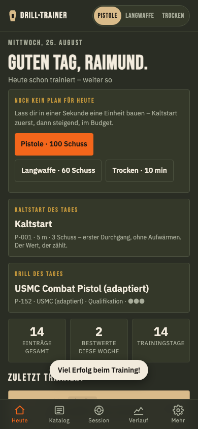 Die Startseite der App mit Trainingsplan und Kaltstart